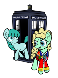 Size: 1775x2396 | Tagged: safe, artist:niksiekins, imported from derpibooru, doctor whooves, spring melody, sprinkle medley, time turner, doctor who, sixth doctor, tardis