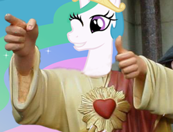 Size: 367x280 | Tagged: safe, imported from derpibooru, princess celestia, buddy christ, dogma, jesus christ