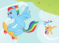 Size: 3300x2400 | Tagged: safe, artist:poniker, imported from derpibooru, rainbow dash, scootaloo, scooter, skateboard