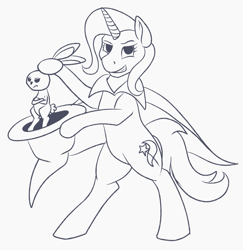 Size: 995x1024 | Tagged: safe, artist:tlatophat, imported from derpibooru, angel bunny, trixie, pony, bipedal, hat, monochrome, trixie's cape, trixie's hat