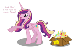 Size: 900x628 | Tagged: dead source, safe, artist:yashmon, imported from derpibooru, princess cadance, alicorn, pony, angry, box, cadance loves tiaras, female, glare, missing accessory, open mouth, pointing, simple background, solo, tiara, transparent background