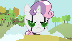 Size: 1278x720 | Tagged: safe, imported from derpibooru, screencap, sweetie belle, pony, robot, unicorn, friendship is witchcraft, apple tree, female, filly, foal, grumpy, grumpy belle, horn, reaction image, solo, sweetie bot, tree