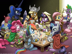 Size: 1700x1275 | Tagged: safe, artist:johnjoseco, imported from derpibooru, angel bunny, applejack, derpy hooves, discord, dj pon-3, fluttershy, gilda, gummy, iron will, lyra heartstrings, octavia melody, peewee, pinkie pie, princess celestia, princess luna, rainbow dash, rarity, spike, sunshower raindrops, trixie, twilight sparkle, vinyl scratch, wild fire, zecora, alicorn, alligator, crab pony, dragon, duck, earth pony, griffon, monster pony, octopony, original species, pegasus, phoenix, pig pony, pony, rabbit, unicorn, zebra, :t, adventuring party, alternate hairstyle, antlers, apron, aura, bard, board game, book, born to x, bowl, bowtie, candy, cape, carrot, cider, cloak, clothes, cookie, cosplay, costume, cup, cupcake, cute, derpabetes, dice, druid, dungeons and dragons, eating, fantasy class, female, flutterdruid, grin, helmet, hilarious in hindsight, hooded cape, jewelmancer, juice box, larp, levitation, lidded eyes, lip bite, lollipop, lute, magic, male, mane seven, mane six, mare, meme, mug, musical instrument, octaviapus, pillow, playing, ponytail, raised hoof, robe, rogue, roleplaying, rpg, scrunchie, scrunchy face, seapony lyra, smiling, table, tabletop game, telekinesis, tray, twicrab, twilight scepter, underhoof, wall of tags, warrior, wizard