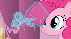 Size: 1050x590 | Tagged: safe, imported from derpibooru, screencap, pinkie pie, it's about time, female, haircut, scissors, solo
