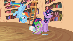 Size: 960x540 | Tagged: safe, imported from derpibooru, screencap, rainbow dash, spike, twilight sparkle, it's about time