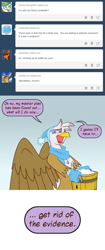 Size: 700x1666 | Tagged: safe, artist:gilded-wings, imported from derpibooru, gilda, griffon, ask, clothes, female, hat, mittens, scarf, snow, snowball, solo, tumblr