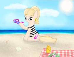 Size: 800x618 | Tagged: safe, artist:flutteryay56, imported from derpibooru, pony, barbie, beach, clothes, glasses, one-piece swimsuit, ponified, solo, sunglasses, swimsuit