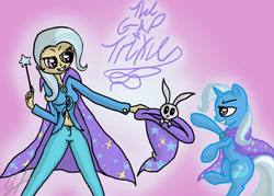 Size: 1280x914 | Tagged: safe, artist:monakaliza, imported from derpibooru, trixie, human, rabbit, bunny out of the hat, gradient background, hat, human ponidox, humanized, light skin, trixie's cape, trixie's hat