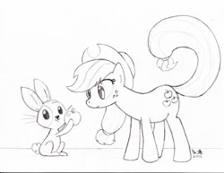 Size: 1000x770 | Tagged: safe, artist:thekitfox, imported from derpibooru, applejack, earth pony, pony, rabbit, apple, female, mare, monochrome