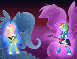 Size: 2000x1533 | Tagged: safe, artist:madmax, imported from derpibooru, fluttershy, rainbow dash, equestria girls, guitar, metalocalypse, musical instrument