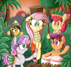 Size: 1200x1128 | Tagged: safe, artist:daniel-sg, imported from derpibooru, apple bloom, daring do, fluttershy, scootaloo, sweetie belle, barbarian, bondage, bongos, burning at the stake, clothes, cutie mark crusaders, drums, execution, flutterbuse, grass skirt, jungle, leaf skirt, lord of the flies, miniskirt, musical instrument, peril, sacrifice, skirt, spear, stake, torch, unsexy bondage, weapon