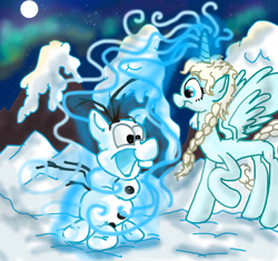 Size: 939x881 | Tagged: safe, artist:seriousdog, imported from derpibooru, braid, disney, elsa, frozen (movie), magic, olaf, ponified, snow, snowpony