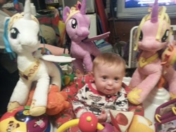 Size: 1280x960 | Tagged: safe, imported from derpibooru, princess cadance, princess celestia, twilight sparkle, human, funrise, irl, irl human, photo, plushie, target demographic, twilight sparkle (alicorn)