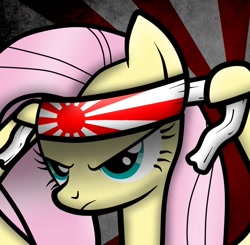 Size: 903x885 | Tagged: safe, artist:facelesssoles, imported from derpibooru, fluttershy, female, kamikaze, rising sun, solo