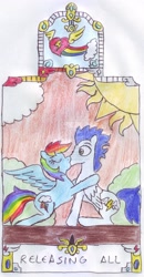 Size: 1024x1972 | Tagged: safe, artist:chatsium, imported from derpibooru, rainbow dash, soarin', female, kissing, male, shipping, soarindash, straight, traditional art