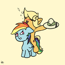 Size: 3000x3000 | Tagged: safe, artist:doggonepony, imported from derpibooru, applejack, rainbow dash, applejack riding rainbow dash, drunk, drunk aj, duo, hat, high res, pith helmet, ponies riding ponies, riding