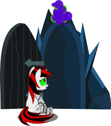 Size: 3000x3407 | Tagged: dead source, safe, artist:brisineo, imported from derpibooru, oc, oc only, oc:blackjack, cyborg, pony, unicorn, amputee, back, cutie mark, cybernetic legs, door, fanfic, fanfic art, female, hooves, horn, level 1 (project horizons), mare, meme, open mouth, sitting, solo, the scary door