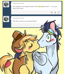 Size: 616x711 | Tagged: safe, artist:cleppyclep, imported from derpibooru, braeburn, soarin', earth pony, pegasus, pony, blushing, duo, gay, kiss on the lips, kissing, male, shipping, soarburn, surprise kiss, surprised, tumblr