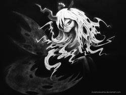 Size: 1600x1200 | Tagged: safe, artist:murphylaw4me, imported from derpibooru, queen chrysalis, changeling, changeling queen, bedroom eyes, black and white, crown, dark, female, grayscale, jewelry, monochrome, regalia, solo, wallpaper