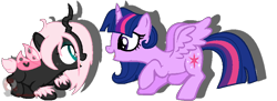 Size: 832x304 | Tagged: safe, imported from derpibooru, twilight sparkle, oc, oc:pomf puff, alicorn, changeling, hybrid, pony, changeling oc, female, godmother and godchild, interspecies offspring, magical lesbian spawn, mama twilight, mare, offspring, parent:oc:fluffle puff, parent:queen chrysalis, parents:canon x oc, parents:chrysipuff, pink changeling, simple background, sunshine sunshine, transparent background, twilight sparkle (alicorn), vector