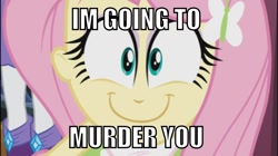 Size: 1000x560 | Tagged: safe, edit, edited screencap, imported from derpibooru, screencap, fluttershy, rarity, equestria girls, bust, caption, happyshy, image macro, implied murder, looking at you, murder, solo focus, text