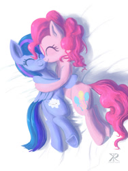 Size: 900x1200 | Tagged: safe, artist:grissaecrim, artist:raikoh, imported from derpibooru, pinkie pie, oc, bed, canon x oc, cuddling, hug, snuggling