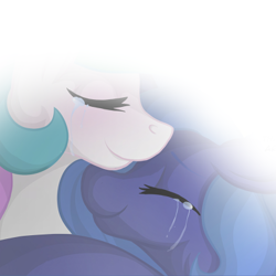 Size: 400x400 | Tagged: safe, artist:falleninthedark, imported from derpibooru, princess celestia, princess luna, backlighting, canterlot university, comic, convention, crying, hug