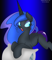 Size: 2218x2560 | Tagged: safe, artist:qcryzzy, artist:zev, imported from derpibooru, nightmare moon, alicorn, pony, female, missing accessory, pillow, solo, stupid sexy nightmare moon