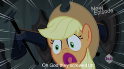 Size: 1268x705 | Tagged: safe, edit, imported from derpibooru, screencap, applejack, castle mane-ia, caption, faic, female, frown, hub logo, hubble, image, image macro, solo, text, the hub, yelling