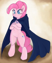 Size: 1280x1536 | Tagged: safe, artist:zokkili, imported from derpibooru, pinkie pie, earth pony, pony, bipedal, cape, clothes, colored eyelashes, female, solo