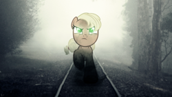 Size: 1920x1080 | Tagged: safe, artist:ceara, artist:karl97, imported from derpibooru, applejack, coming at you, glowing eyes, irl, it's coming right at us, photo, ponies in real life, solo, train tracks, tree, vector, wallpaper