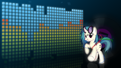 Size: 1920x1080 | Tagged: safe, artist:mithandir730, artist:takua770, imported from derpibooru, dj pon-3, vinyl scratch, pony, unicorn, cutie mark, female, glasses, glow, glowing, hooves, horn, looking at you, mare, smiling, solo, sunglasses, teeth, vector, wallpaper