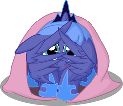 Size: 1274x1107 | Tagged: safe, artist:arvaus, imported from derpibooru, princess luna, blanket, blushing, cute, female, filly, floppy ears, hiding, not safe for woona, shy, solo, wing hands, woona