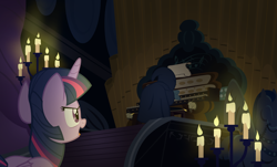 Size: 2104x1274 | Tagged: safe, artist:pixelkitties, imported from derpibooru, pinkie pie, twilight sparkle, alicorn, castle mane-ia, candle, dark, musical instrument, organ, organ to the outside, scene interpretation, twilight sparkle (alicorn)