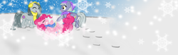 Size: 3840x1200 | Tagged: safe, artist:starfox365, imported from derpibooru, limestone pie, marble pie, pinkie pie, clothes, earmuffs, hat, pie sisters, scarf, snow, snowfall, snowflake, winter