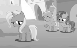 Size: 800x504 | Tagged: safe, artist:neoartimus, imported from derpibooru, lyra heartstrings, sunset shimmer, trixie, pony, abuse, blank flank, filly, filly lyra, filly sunset shimmer, filly trixie, laughing, monochrome, sad, trixiebuse, turnabout storm, younger