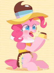 Size: 1099x1470 | Tagged: dead source, safe, artist:sion, imported from derpibooru, chancellor puddinghead, pinkie pie, female, flan, food, pudding, sitting, solo, tongue out