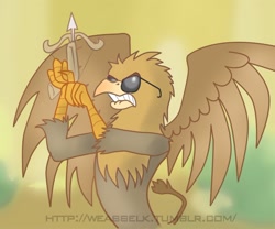 Size: 772x641 | Tagged: safe, artist:weasselk, imported from derpibooru, oc, oc only, griffon, crossbow, male, meme, parody, solo, sunglasses, the big lebowski, weapon