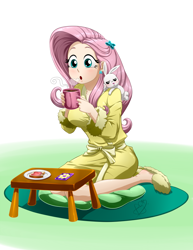 Size: 700x907 | Tagged: safe, artist:pia-sama, imported from derpibooru, angel bunny, fluttershy, human, clothes, coffee, cup, cute, drink, female, food, humanized, light skin, mug, open mouth, pet, plate, robe, shyabetes, sitting, slippers, table, toast