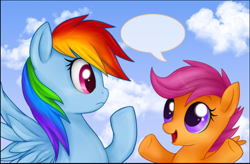 Size: 600x393 | Tagged: safe, artist:mn27, imported from derpibooru, rainbow dash, scootaloo, pegasus, pony, cloud, duo, duo female, female, filly, foal, looking at each other, looking at someone, mare, open mouth, raised hoof, sky, speech bubble, spread wings, talking, wingding eyes, wings