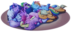 Size: 2826x1303 | Tagged: safe, artist:arcticwaters, imported from derpibooru, applejack, fluttershy, pinkie pie, rainbow dash, rarity, twilight sparkle, book, cloven hooves, cuddle puddle, cuddling, mane six, pile, pony pile, sleeping, snuggling