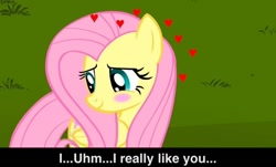 Size: 768x465 | Tagged: safe, imported from derpibooru, fluttershy, blushing, bronybait, female, heart, solo