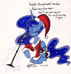 Size: 1290x1336 | Tagged: safe, artist:newyorkx3, imported from derpibooru, princess luna, christmas, clothes, female, hat, karaoke, microphone, rudolph the red nosed reindeer, santa costume, santa hat, singing, solo, traditional art