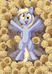 Size: 800x1131 | Tagged: safe, artist:snackish, artist:snacky-bites, imported from derpibooru, derpy hooves, pegasus, pony, female, happy, mare, muffin, snow angel, solo, that pony sure does love muffins
