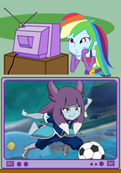 Size: 564x800 | Tagged: safe, imported from derpibooru, rainbow dash, equestria girls, ball, exploitable meme, football, inazuma eleven, inazuma eleven go, inazuma eleven go galaxy, interspecies, male, meme, obligatory pony, shipping, straight, trap, tv meme, zess
