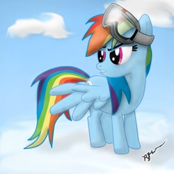 Size: 1200x1200 | Tagged: safe, artist:scratch42, imported from derpibooru, rainbow dash, cloud, cloudy, female, goggles, solo