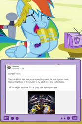 Size: 592x890 | Tagged: safe, imported from derpibooru, rainbow dash, adventure in the comments, digimon, digimon x-evolution, exploitable meme, facebook, fake, meme, obligatory pony, tv meme