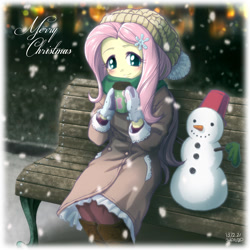 Size: 800x800 | Tagged: safe, artist:uotapo, imported from derpibooru, fluttershy, human, equestria girls, bench, bundled up, bundled up for winter, christmas, clothes, female, hat, mittens, scarf, sitting, snow, snowfall, solo, winter, winter outfit