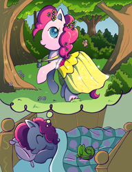 Size: 800x1041 | Tagged: safe, artist:butterscotch25, imported from derpibooru, gummy, pinkie pie, bed, clothes, dream, dress, sleeping