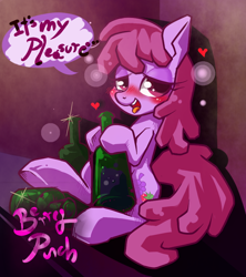 Size: 800x900 | Tagged: dead source, safe, artist:renokim, imported from derpibooru, berry punch, berryshine, pony, drink, drunk, female, heart, looking at you, solo, speech bubble